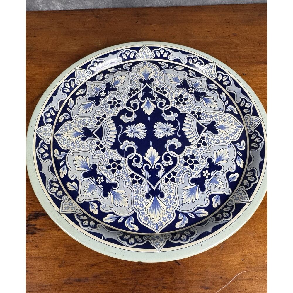 Vintage Delft Blue Metal Plate- 10” Wall Plate Charger Decor Made In Holland